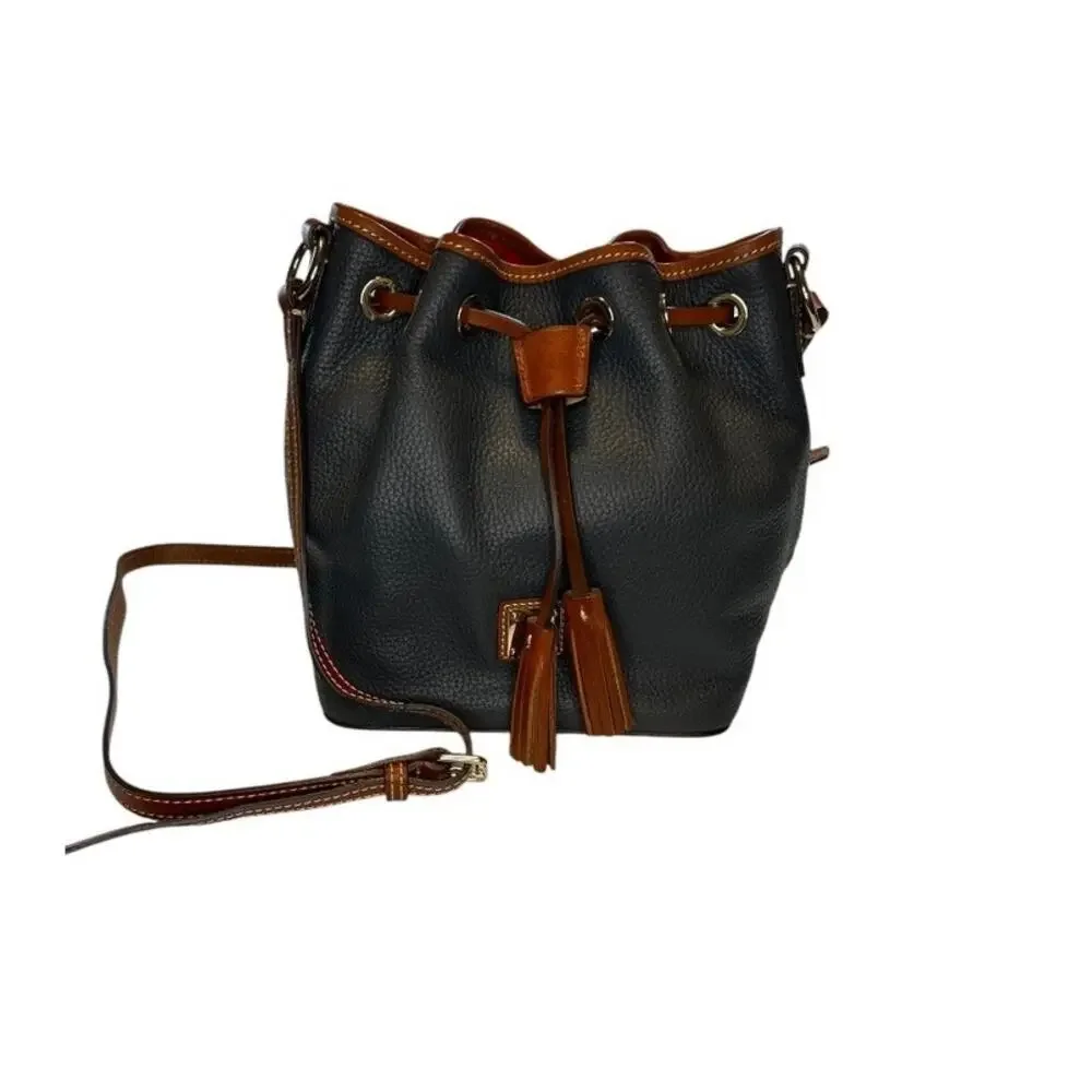 Dooney & Bourke Drawstring Bucket Bag Navy Pebble Leather Tassel Closure - Picture 2 of 16